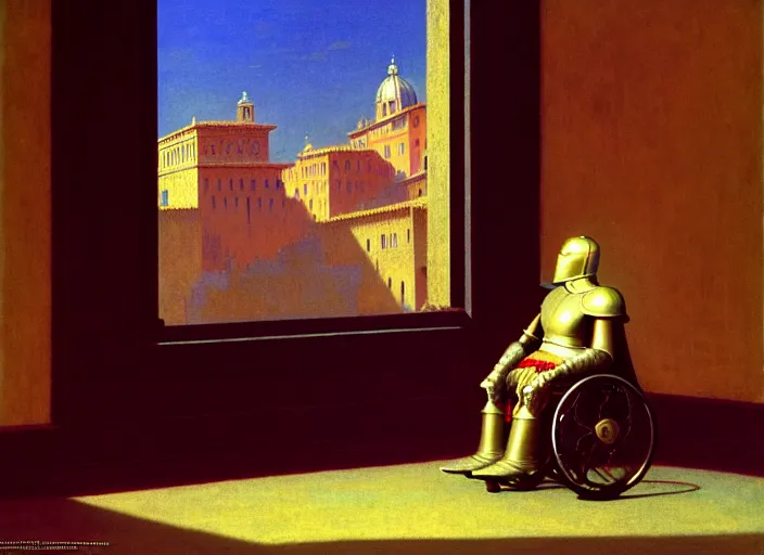 Image similar to knight in rich armor in a wheelchair do tricks & watch old tv, rome, highly detailed, soft lighting, elegant, by edward hopper and james gillard, zdislaw beksinski, stephen outram, andreas m wiese, carl spitzweg, highly detailed, masterpiece, unreal 6, 8 k