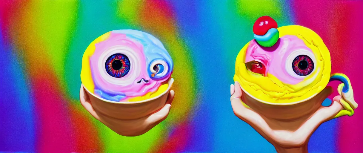 Image similar to hyperrealistic popart cute multicolored ice cream with eyes on keyboard jason limon digital painting dramatic yellow lighting high angle hd 8k sharp shallow depth of field