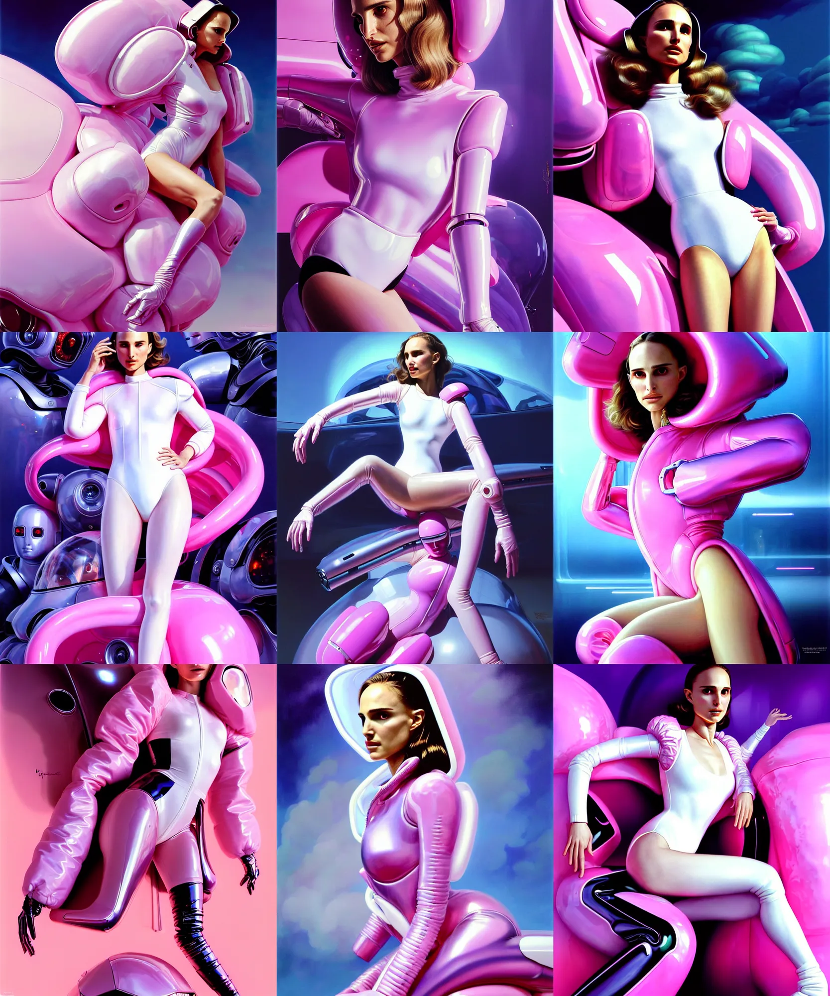 Prompt: beautiful fantasy character portrait, natalie portman, wearing oversized plastic puffy pink bomber jacket and white leotard, seductive seated pose, futuristic chrome vehicle, ultra realistic, wide angle, dramatic lighting, robots, cyberpunk artifacts, highly detailed by boris vallejo, aaron horkey, paolo eleuteri serpieri, hajime sorayama, peter mohrbacher,,