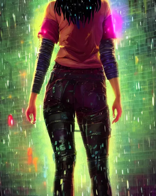 Prompt: an epic fantasy comic book style full body portrait painting of a very beautiful imposing outrun emo industrial goth dora the explorer in the rain, neon reflections in the rain puddles, character design by mark ryden and pixar and hayao miyazaki, unreal 5, daz, hyperrealistic, octane render, cosplay, rpg portrait, dynamic lighting, intricate detail, cinematic