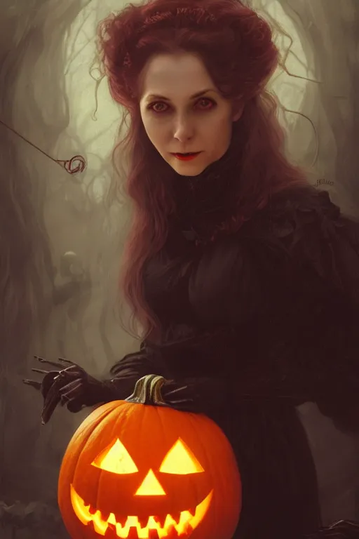 Image similar to portrait of a ghoulish victorian witch holding a jack - o - lantern, halloween night, charlie bowater, artgerm, ilya kuvshinov, krenz cushart, ruan jia, realism, ultra detailed, 8 k resolution