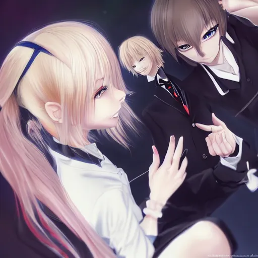 Image similar to blonde anime girl with long hair, wearing headmistress uniform, talking with snooty aloof anime man with black emo hair, sharp details, subsurface scattering, intricate details, art by artgerm, anime, anime hd wallpaper, 2 0 1 9 anime screenshot