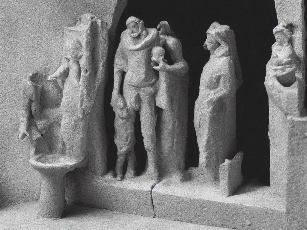 Prompt: Duchamp's Fountain urinal in the center of a nativity scene, black and white photograph