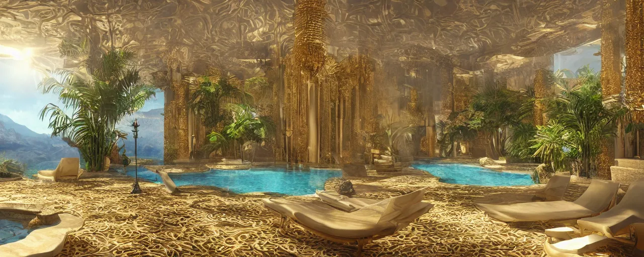 Image similar to surreal hyper luxury spa with intricate golden details with view to arid mountains and palm forest, ultra detailed, photorealism, sharp focus, volumetric light, global illumination