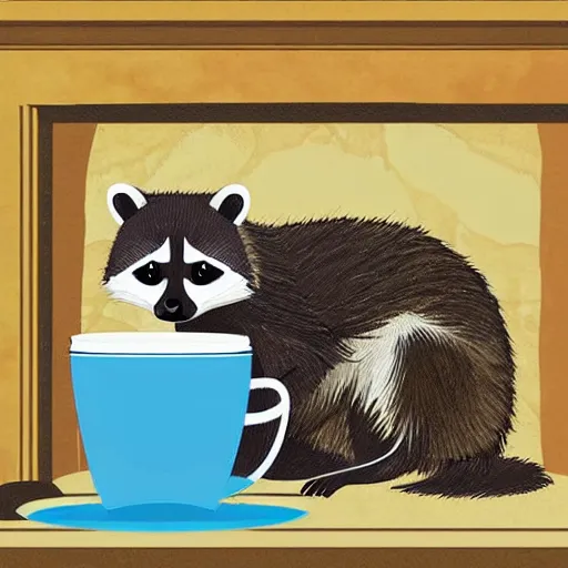 Image similar to raccoon with cup of tea by cozy fireplace, childrens book illustration,