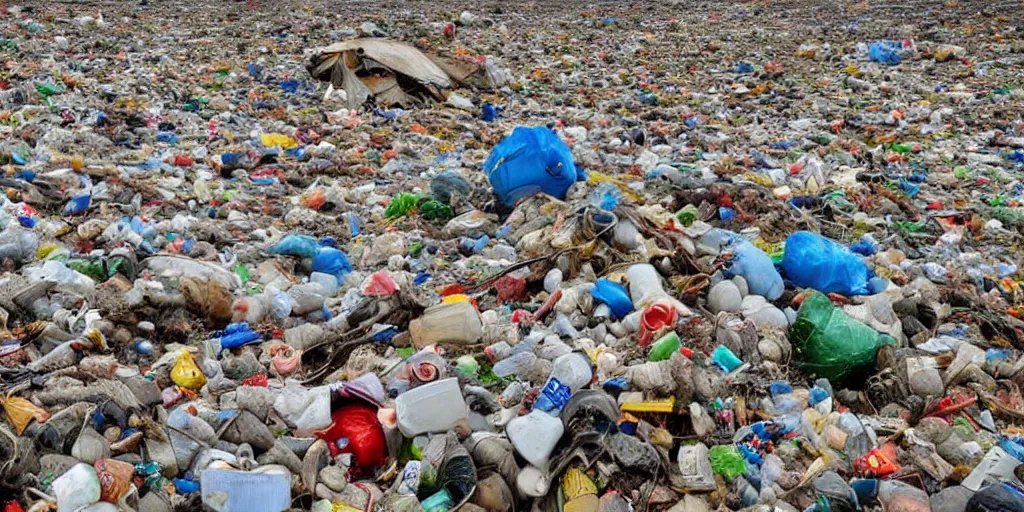 Image similar to planet Earth completely covered with rubbish, junk and plastic garbage, floating in the sky, photorealistic image, very detailed