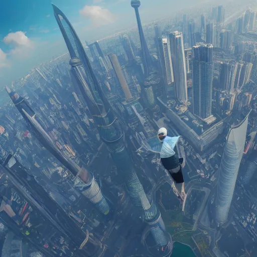 Image similar to a girl flying upon shanghai lujiazui, cityscape, cloud day, artstation, 8 k