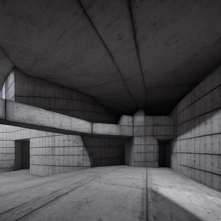 Prompt: Concrete huge dark-gray multi-layered underground structure with multiple floors and a plus-shaped cleft in the center. Inside view, straight lines, corners, high detailed, details, ultra realistic, photorealism, 8k, doorways, wide shot, symmetrical, brutalism, ray of light, architecture, volumetric lighting, cinematic, shadows