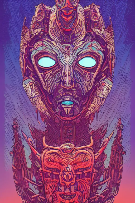 Image similar to totem animal tribal chaman vodoo mask feather gemstone plant video game illustration vivid color borderlands and by feng zhu and laurie greasley, victo ngai, andreas rocha, john harris radiating a glowing aura