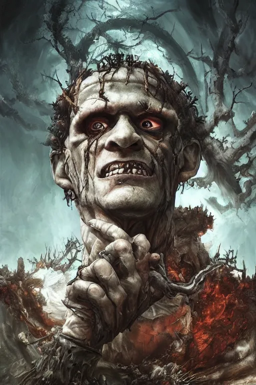 Prompt: frankenstein the king of all hell, horror, illustrated by Mizuri AU and Soufiane Idrassi and BONDARTS and Tomasz Alen Kopera and Klaus Wittmann and Deathburger and Daniel Romanovsky and Aku, Trending on artstation, artstationHD, artstationHQ, 4k, 8k