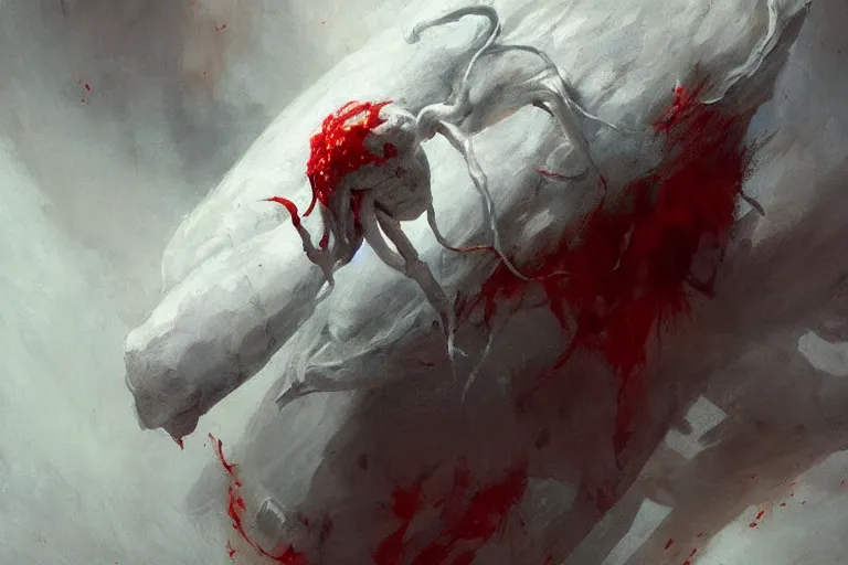 Image similar to painting by greg rutkowski of a flying human head and face that is chalk white in color, with white tentacles coming of the neck, red eyes, flying in a terrying hell like cavernous place