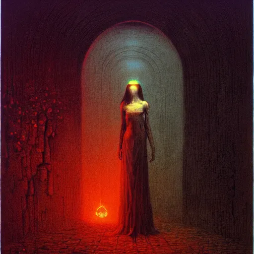 Image similar to cute girl in necromancer crypt by beksinski