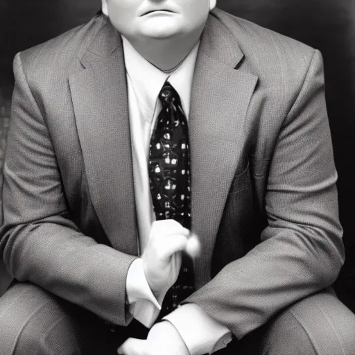 Prompt: Andy Richter wearing a brown suit and necktie on his knees with a pleading look on his face.