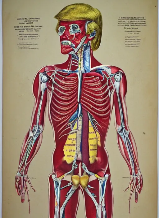 Image similar to vintage medical anatomical illustration of donald trump ( 1 9 8 4 ), highly detailed, labels, intricate writing