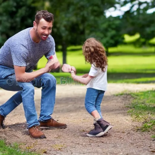 Prompt: high quality stock photo of a man playing in a park with his children, detailed