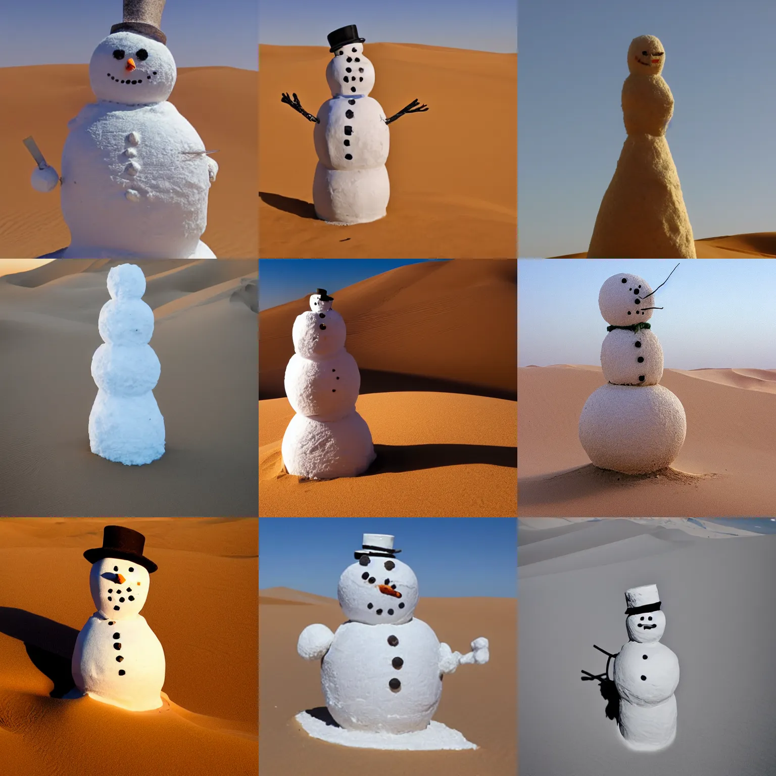 Prompt: a surrealist statue of a snowman in the sahara sands