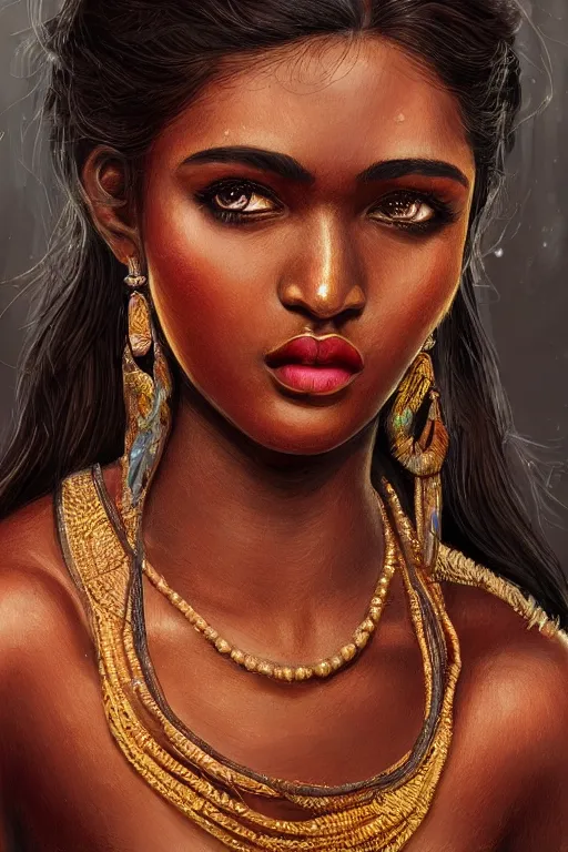 Prompt: A bust of a beautiful black skinned Sri Lankan girl with large lips and smooth eyebrows and straight hair, HD, illustration, epic, fantasy, intricate, elegant, amazing detail, digital painting, artstation, concept art, smooth, sharp focus, illustration, art by Turine Tran