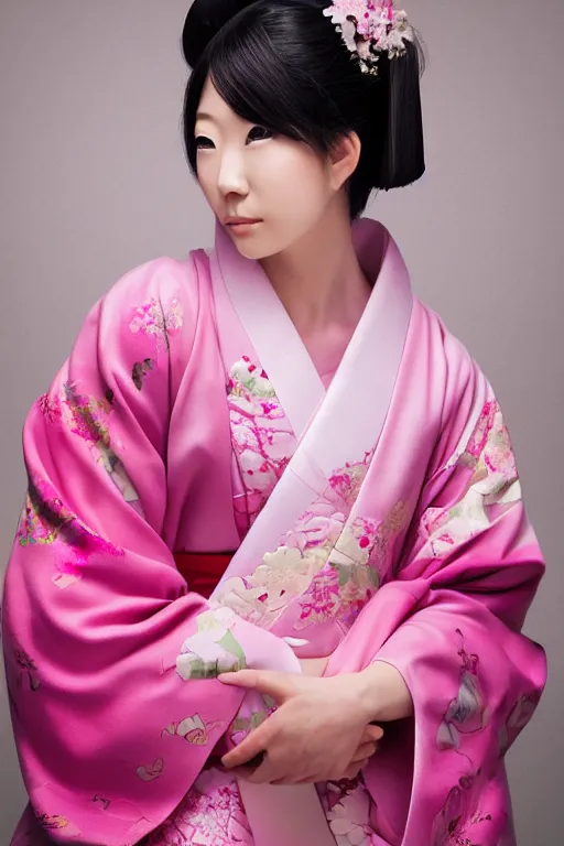 Prompt: portrait of a gorgeous japanese lady wearing kimono, pink zen style, photorealistic portrait, porcelain skin, smooth, 8 k, beautiful volumetric lighting