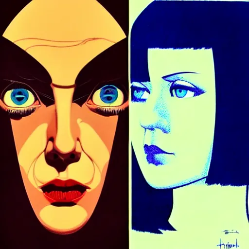 Image similar to woman with dark bobcut haircut with friendly blue eyes and slim features looking happy, underground box office hit, satire, seventies italian horror movie poster, giallo, intricate, ultra detailed 8 k, best, cool, extremely beautiful and aesthetic shape of face and neck, art by hiroaki samura and ilya kuvshinov and rossdraws and andy warhol, inverted