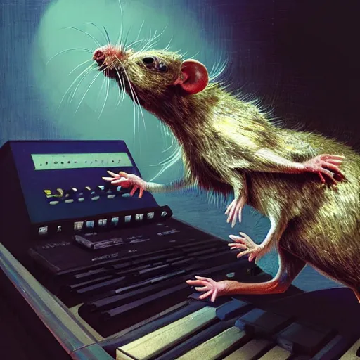 Image similar to a rat cyborg playing with a tb-303 synthesizer, by ruan jia