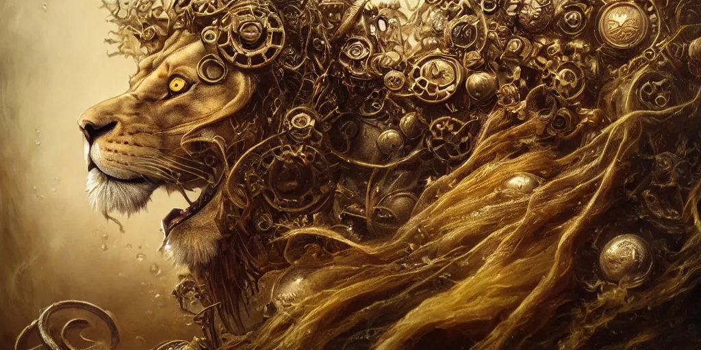 Image similar to a beautiful detailed 3 d matte portrait of a alchemist lion, by ellen jewett, by tomasz alen kopera, by justin gerard, ominous, magical realism, texture, intricate, skull, skeleton, gold coins, money, whirling smoke, alchemist bottles, radiant colors, fantasy, volumetric lighting, high details