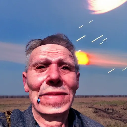 Image similar to last selfie of last alive funny scared ukrainian very damaged body to bones, bleeding running from nuclear rockets and nuclear explossions, big nuclear explosion at background, and nuke missles fly right in lens,