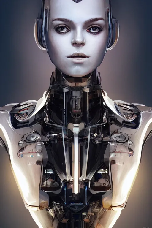Image similar to a beautiful half body image of a futuristic android with a mechanical mecha body, mostly black metal with internal lights glowing inside, symmetrical and realistic proportions by Irakli Nadar, tom bagshaw, Charlie Bowater with details by Jason Felix, furio tedeschi, face by ilya kuvshinov, artgerm, cinematic backlit lighting, detailed, intricate, beauty retouch, elite, photo realistic, octane render, hyper real, ultra detailed, trending on artstation pinterest and deviantart