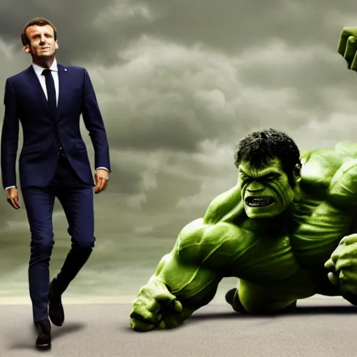 Image similar to emmanuel macron as the hulk, superhero movie still, 4 k