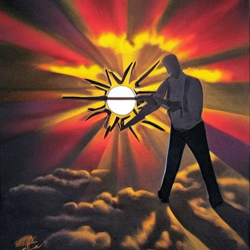 Image similar to a man with a pistol, shooting the sun out of the sky, surreal