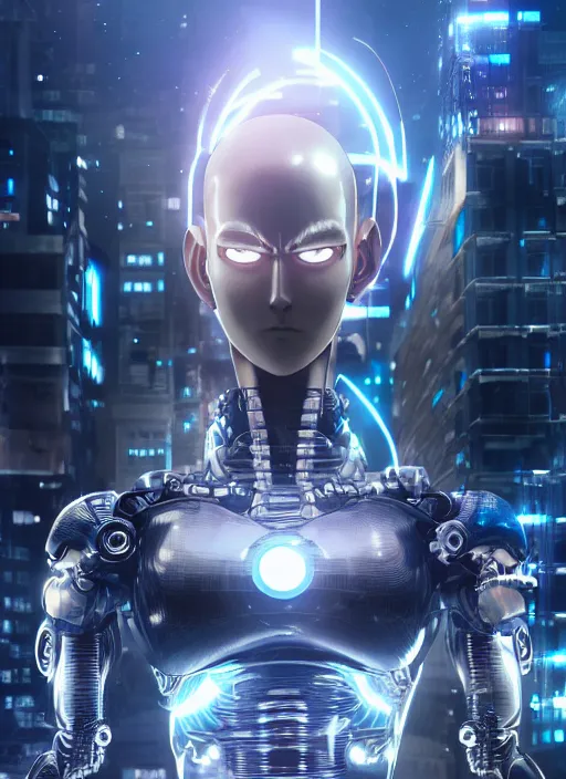 Image similar to Realistic Cyborg One Punch Man with blue eyes, futuristic city, artistic pose, light atmosphere, cinematic shot, intricate, ornate, photorealistic, ultra detailed, realistic, 100mm, photography, octane, high definition, depth of field, bokeh, 8k, artstation