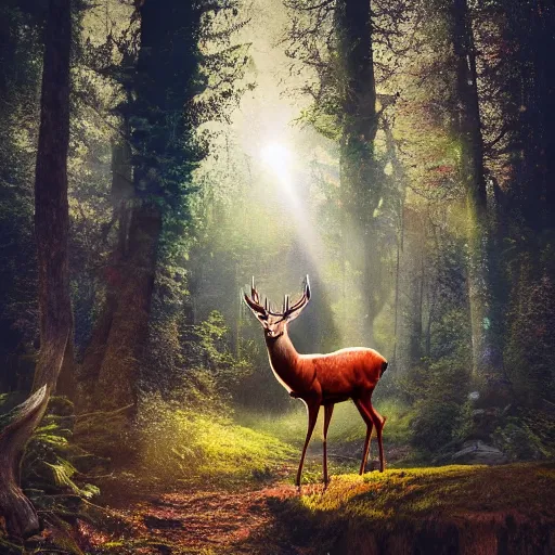 Prompt: photo of an hyper realistic arcanic, celestial highly detailed stag, in a magical highly detailed forest background. sunlight rays throught the trees.