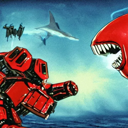 Image similar to a storyboard sketch showing a giant athletic humanoid mecha robot punching a giant humanoid hammerhead shark creature in the head