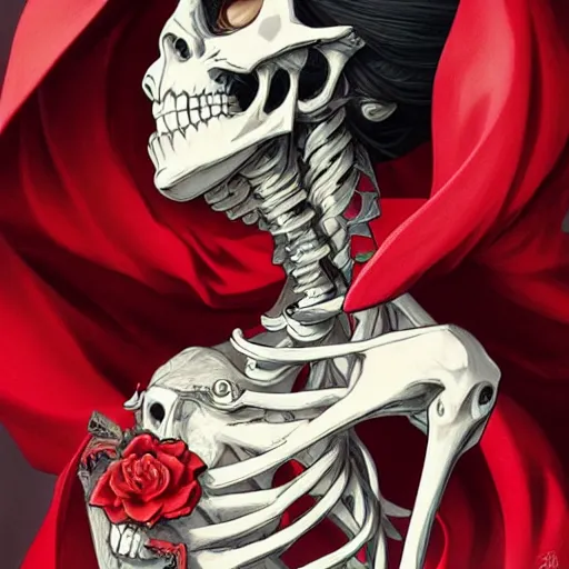 Prompt: anime manga skull portrait young woman skeleton, profile, red riding hood, unreal engine, Disney, intricate, elegant, highly detailed, digital art, art by JC Leyendecker and sachin teng