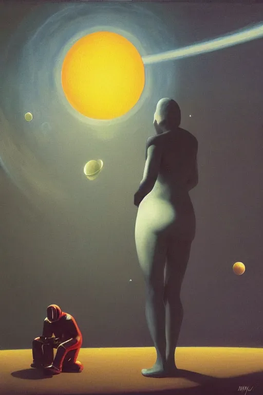 Prompt: woman wearing astronout suit and catch a planet on her head Edward Hopper and James Gilleard, Zdzislaw Beksisnski, higly detailed