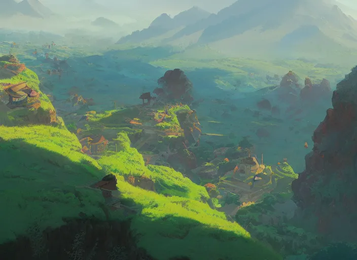 Image similar to concept art painting of a distant village in a valley seen from above, early morning, cel shaded, by makoto shinkai and moebius and anton fadeev and james gurney