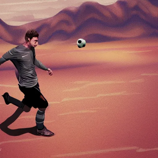 Image similar to a man playing a soccer in the desert, digital art, concept art