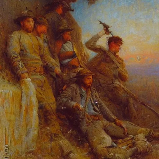 Prompt: Gaston Bussiere painting of bloody and battered soldiers looking up and observing the first rays of sunlight during dawnbreak, dramatic painting, dark, scary, hopeful