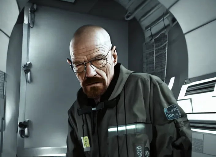 Image similar to film still of Walter White as Gordan Freeman wearing Black Mesa Jumpsuit in the Half Life Movie, 4k