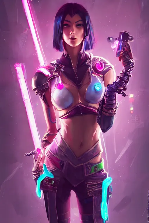 Prompt: fiora from league of legends, cyberpunk futuristic neon. she is holding a sword, decorated with traditional japanese ornaments by ismail inceoglu dragan bibin hans thoma greg rutkowski alexandros pyromallis nekro rene maritte illustrated, perfect face, fine details, realistic shaded, fine - face, pretty face, masterpiece