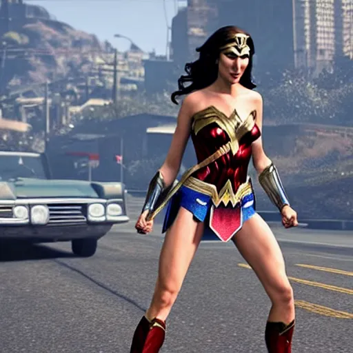 Image similar to Gal Gadot as Wonder Woman juggling knives in GTA 5.