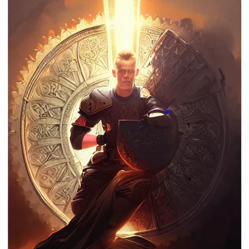 Image similar to Ter Stegen holding an explosive, goalkeeper, football pitch, D&D, fantasy, intricate, elegant, highly detailed, digital painting, artstation, concept art, matte, sharp focus, illustration, art by Artgerm and Greg Rutkowski and Alphonse Mucha