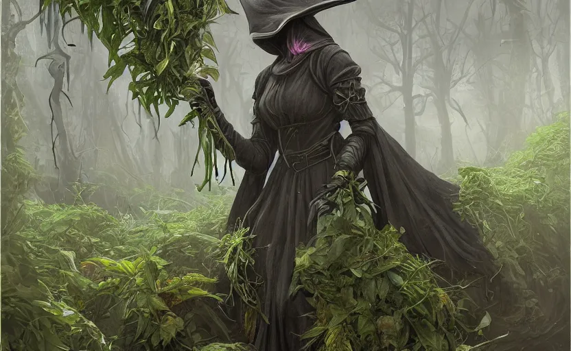 Prompt: female plague doctor overgrown by plants, creeping ivy, drowning, heavy rain, wind, thunder, reflections, deep focus, d & d, fantasy, intricate, elegant, highly detailed, digital painting, artstation, concept art, matte, sharp focus, illustration, hearthstone, art by artgerm and greg rutkowski and alphonse mucha