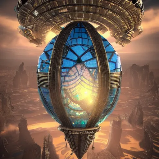 Image similar to enormous flying city in a faberge egg, sky, steampunk, fantasy art, unreal engine,