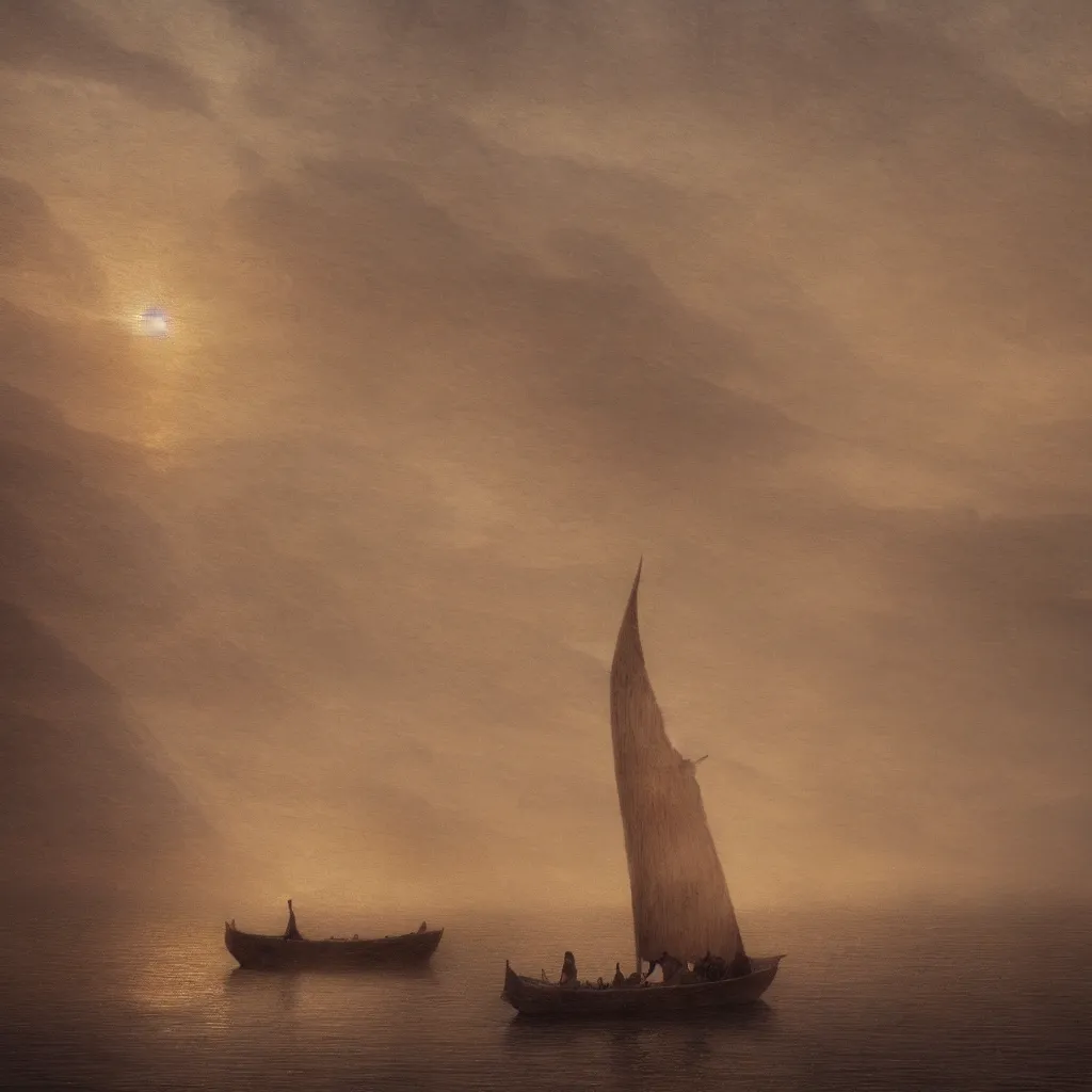 Prompt: a small boat sails on a canal surrounded by a desert, by jean delville and sophie anderson and mandy jurgens, moody atmosphere, cinematic atmospheric, cinematic lighting, golden ratio, perfect composition, elegant, no crop, extremely detailed, 4 k, hd, sharp focus, masterpiece, trending on artstation