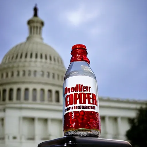 Prompt: a bottle of doctor pepper testifying before Congress on healthcare reform in 2010,