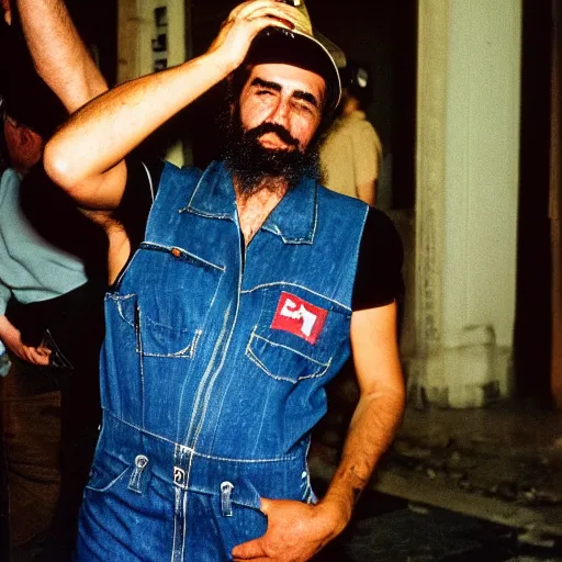 Image similar to fidel castro wearing denim overalls designed by supreme, portrait, 3 5 mm film, clear face, by nan goldin