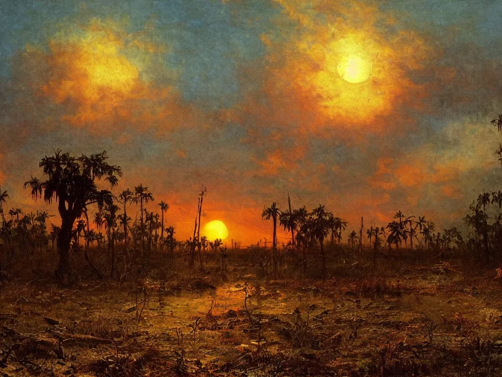 Image similar to a post apocalyptic west florida landscape after a nuclear war, beautiful radioactive sunset lighting, beautiful painting, miami beach, painted by albert bierstadt