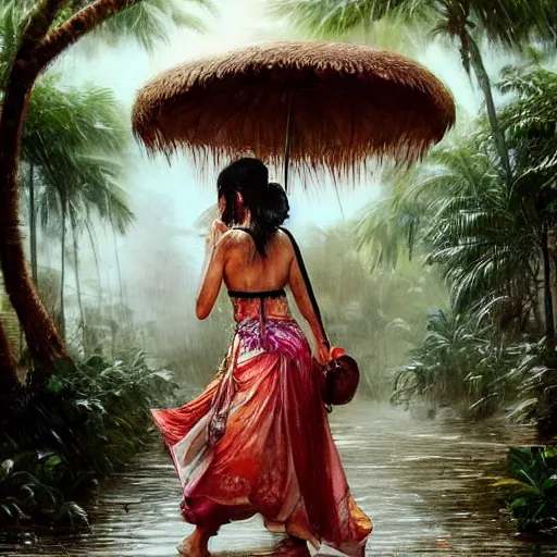 Prompt: monsoon on tropical island, oriental woman, ornate, beautiful, atmosphere, vibe, mist, coconuts, rain, wet, pristine, puddles, melting, dripping, snow, creek, lush, ice, bridge, forest, roses, flowers, by stanley artgerm lau, greg rutkowski, francis bacon