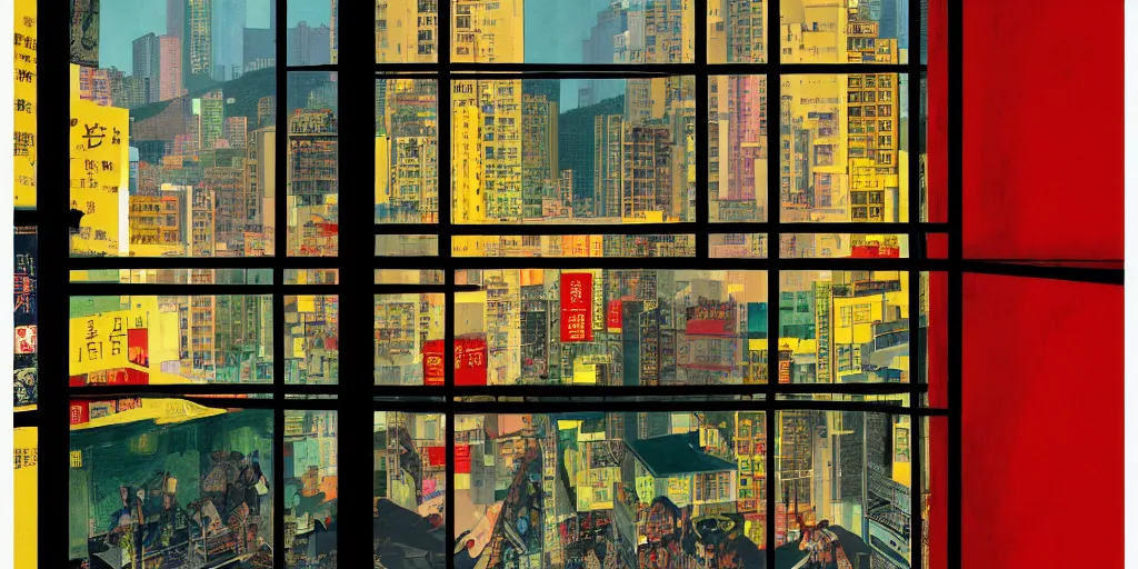 Prompt: through a window, view in hong kong, by dan mumford and peter doig and edward hopper, minimal, black in, thick lines highly detailed, muted colours, overlaid with chinese adverts, 8 k