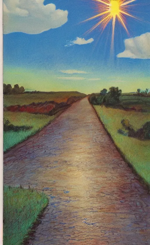 Prompt: paperback book cover. 1 9 7 0 s. pure colors, melting clouds, accurately drawn details, a sunburst above a receding road with the light reflected in furrows and ruts, after rain. and no girls.